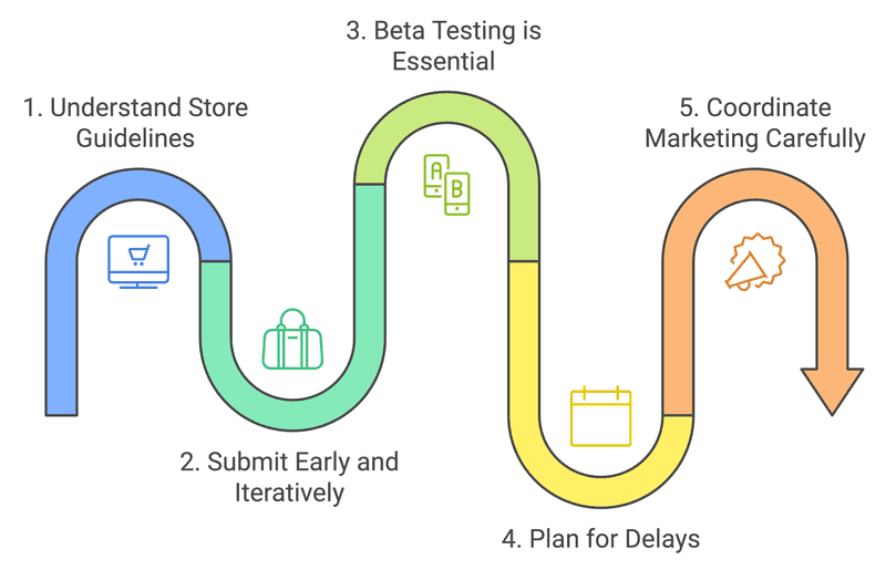 Diagram showing 5 essential tips to get your app published on the App Stores